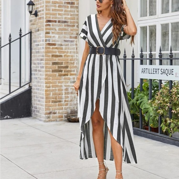 🌟 SHEIN Surplice Neck Striped Wrap A-line Dress Without Belted🌟 - Picture 2 of 6